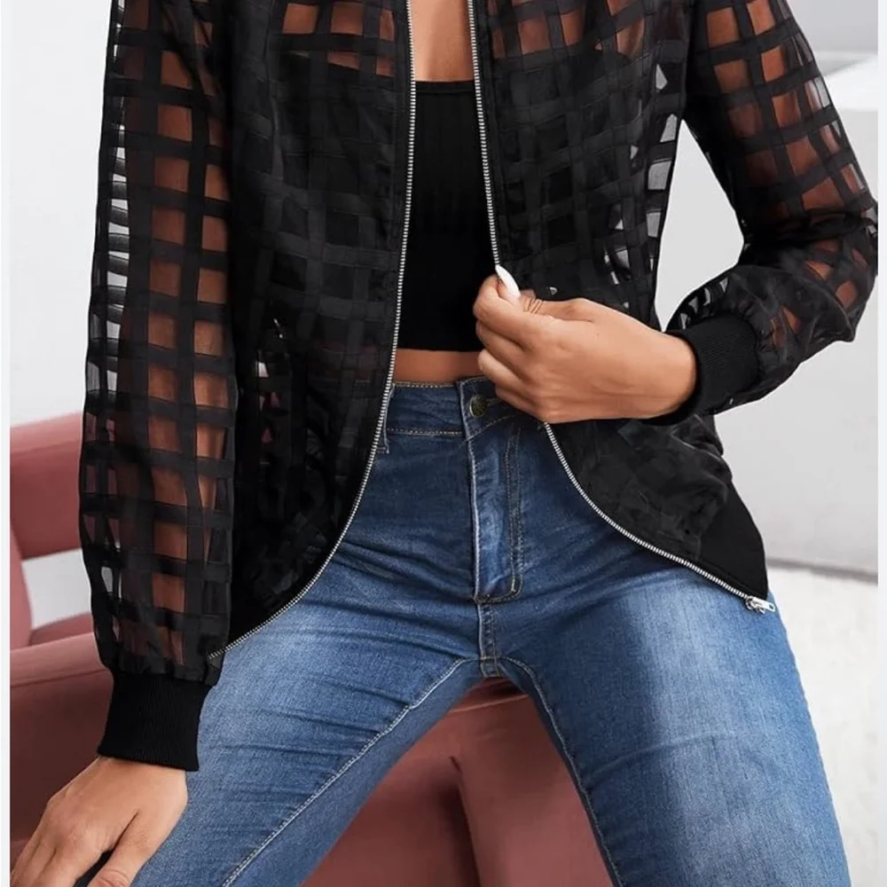 RARE! NWOT Zara Sheer Checkered Bomber Jacket / Cardigan - sz S, Black